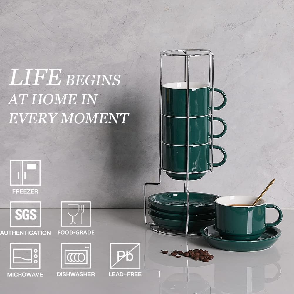 Sweejar Porcelain Cappuccino Cups with Saucers and Metal Stand, 8 Ounce Stackable Espresso Cups for Specialty Coffee Drinks, Latte, Americano, Tea - Set of 4 (Jade)