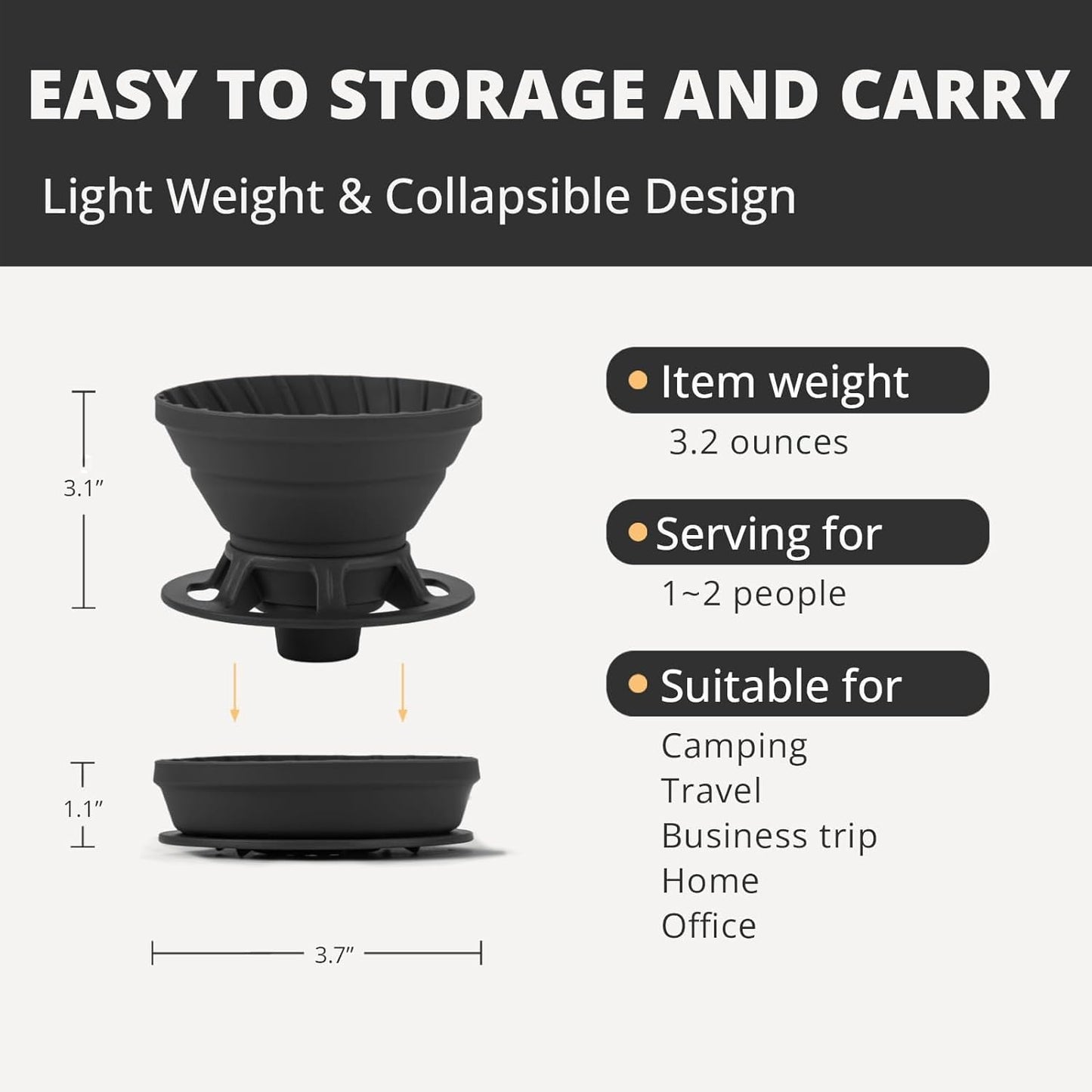 Collapsible Coffee Dripper, Silicone Reusable Coffee Filter Holder, Pour Over Coffee Dripper for Camping, Business Trip, Single Pour Over Coffee Maker (Black)