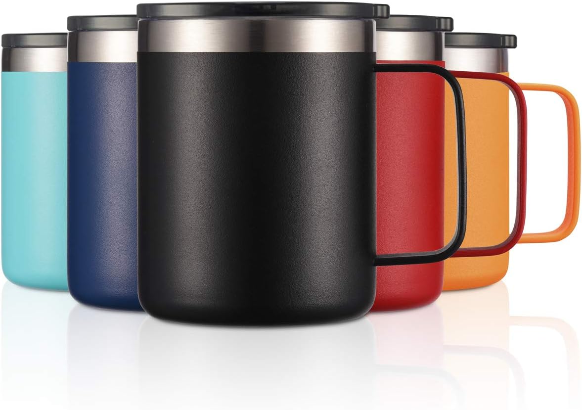 ALOUFEA 12oz Stainless Steel Insulated Coffee Mug with Handle, Double Wall Vacuum Travel Mug, Tumbler Cup with Sliding Lid, Black