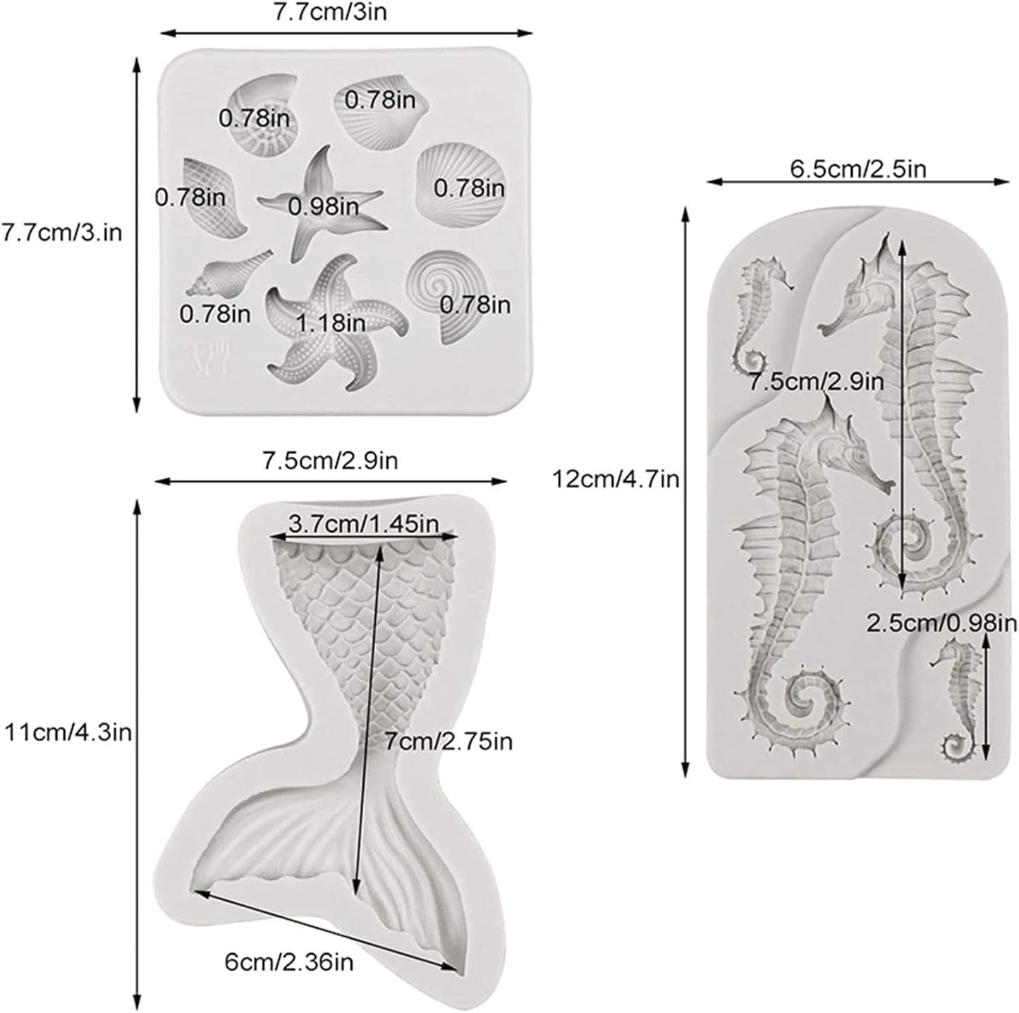 MEMOVAN Mermaid Theme Cake Fondant Mold 3pcs Seahorse Seashell Starfish Mermaid Tail Under the Sea Silicone Baking Mold for Chocolate Candy Cake Decoration Polymer Clay Gum Paste Craft