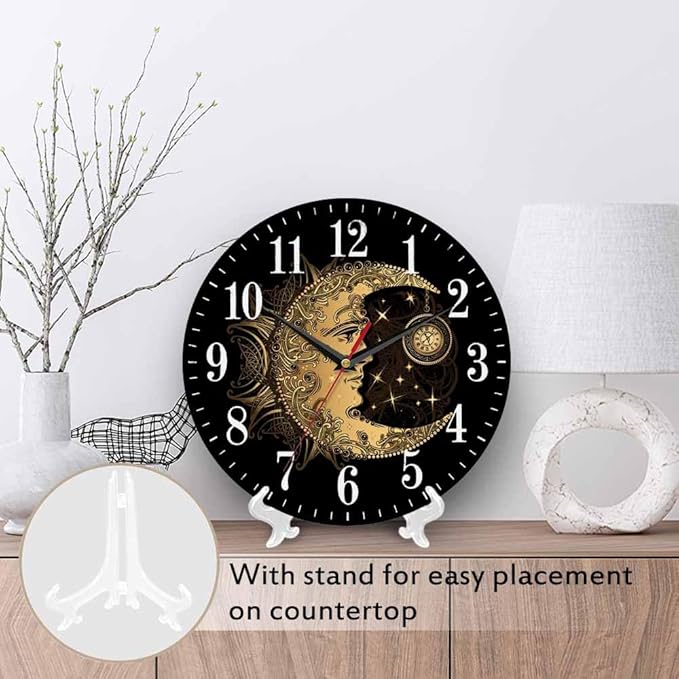 Mxocom Crescent Moon Wall Clock Boho Chic Golden Sun Ethnic Retro Night Black - Image 3