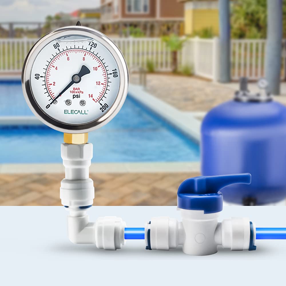 ELECALL 2-1/2” Glycerin Liquid Filled Air Pressure Gauge, 0-200Psi, 1/4” NPT Lower Mount, Stainless Steel Case, Brass Internals, Water Pressure Gauge