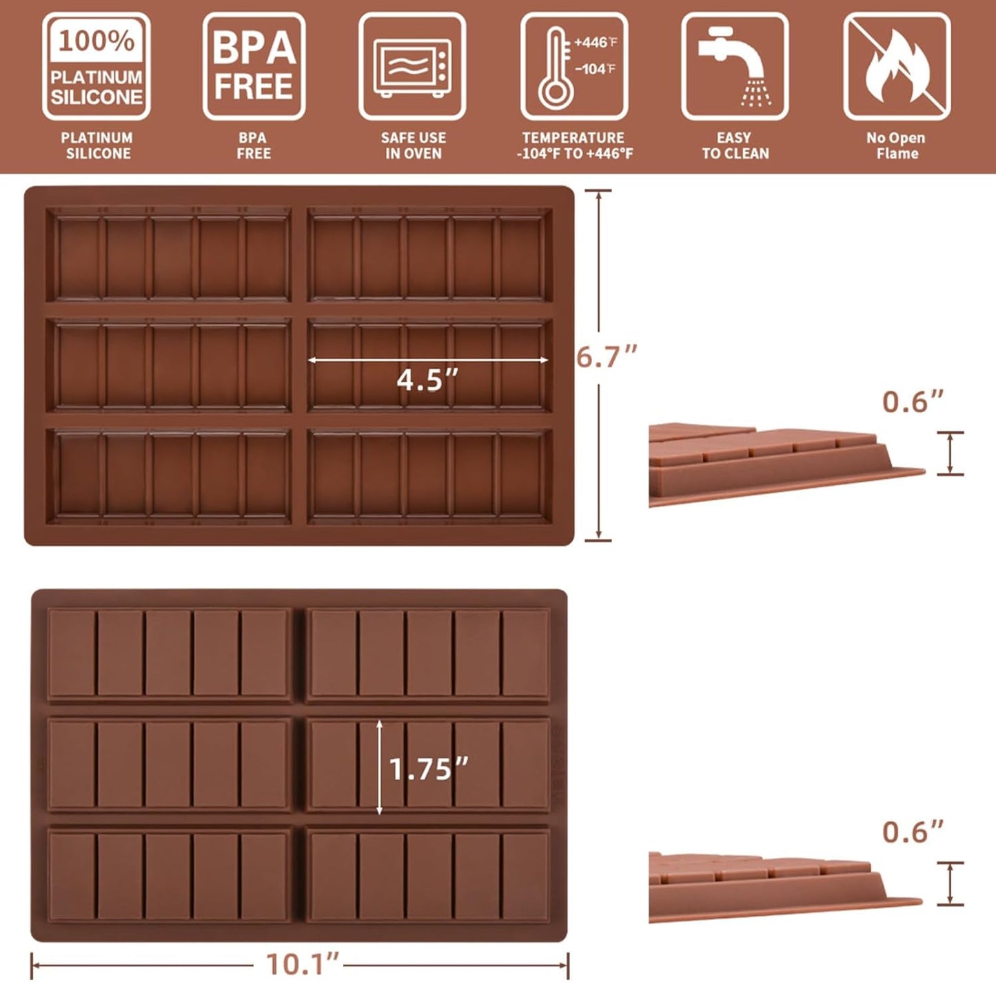 Silicone Chocolate Bar Mold Reusable-Nonstick Baking Molds for Homemade Candy, Ice Cubes, DIY Treats 2 Pack (5 Snap)