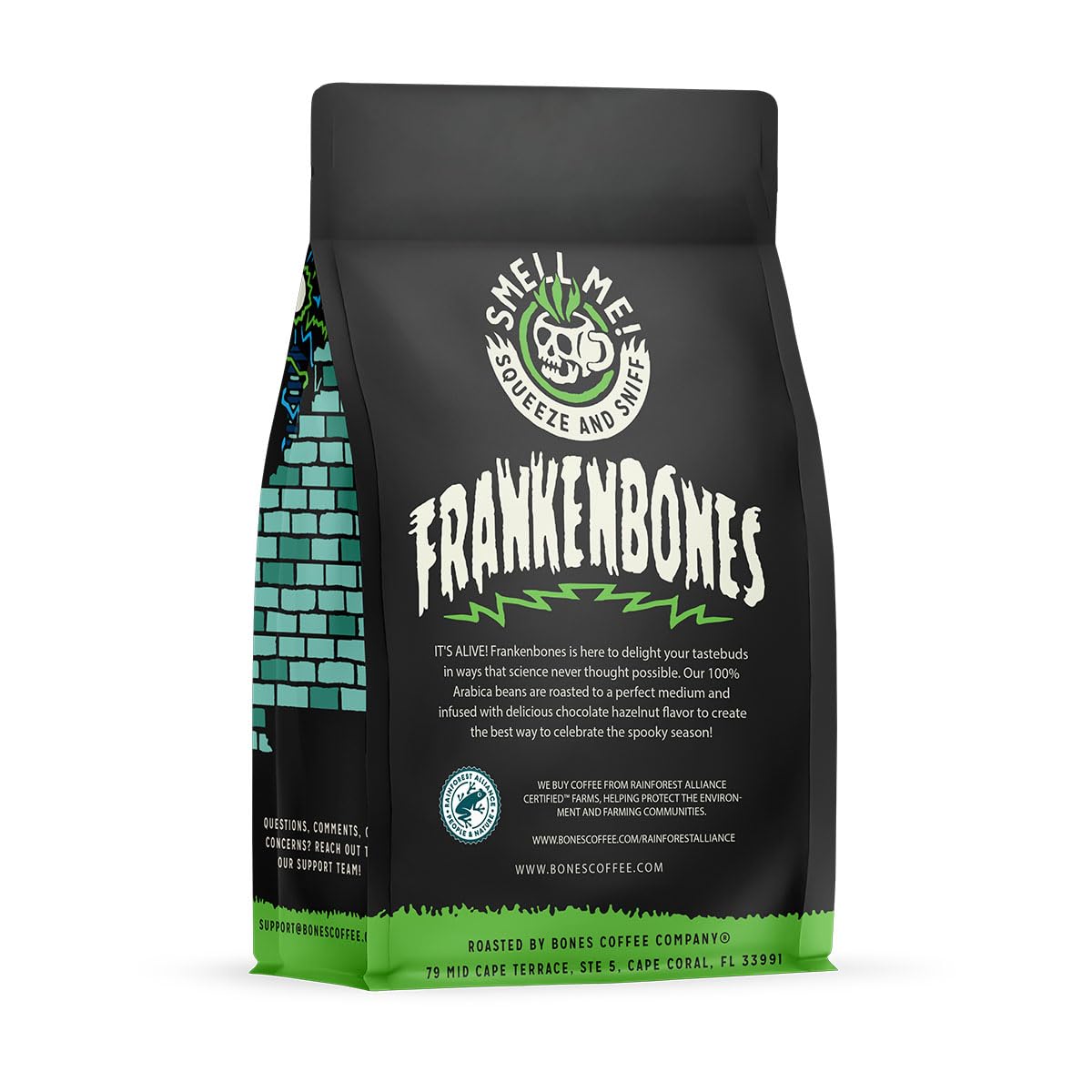 Bones Coffee Company Frankenbones Chocolate and Hazelnut Flavored Coffee, Medium Roast Low Acid Arabica Beans Compatible with Auto drip and French Press Coffee Maker, 12 Oz Whole Bean