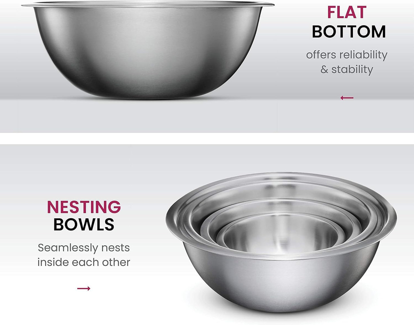 Stainless Steel Mixing Bowl Set, Nesting Bowls for Kitchen Baking, Cooking, Prepping, Kitchen Food Storage Organizers, No Lids (6 Pack)