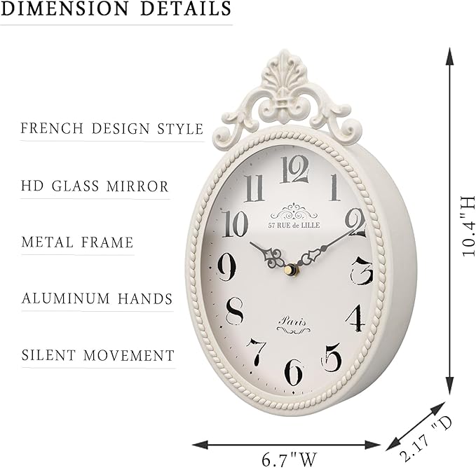 Abdurey Small French Retro Decorative Wall Clock, Ivory White Vintage Oval Style - Image 2