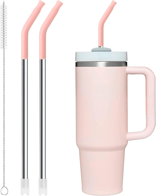Snowfall Metal Straw Reusable for Stanley 30 OZ, 2 Pcs Reusable Long Stainless Steel Drinking Straws with Silicone Tip, 1 Straw Brush, BPA Free (Light Pink)