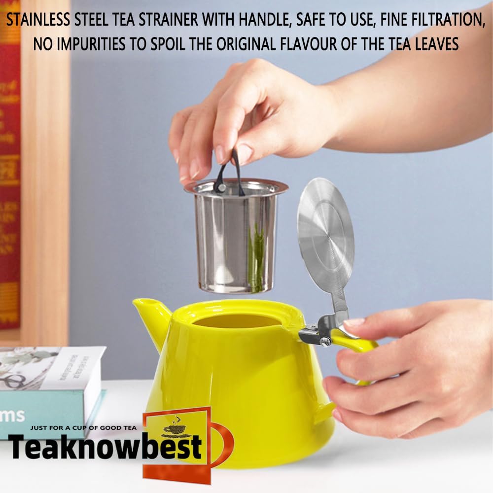 Ceramic teapot, 19oz Tea pot for loose leaf tea, Tea infuser pot with Removable 18/8 Stainless Steel Infuser and teaspoon, Suitable for 1-2 people to brew tea or coffee (yellow)