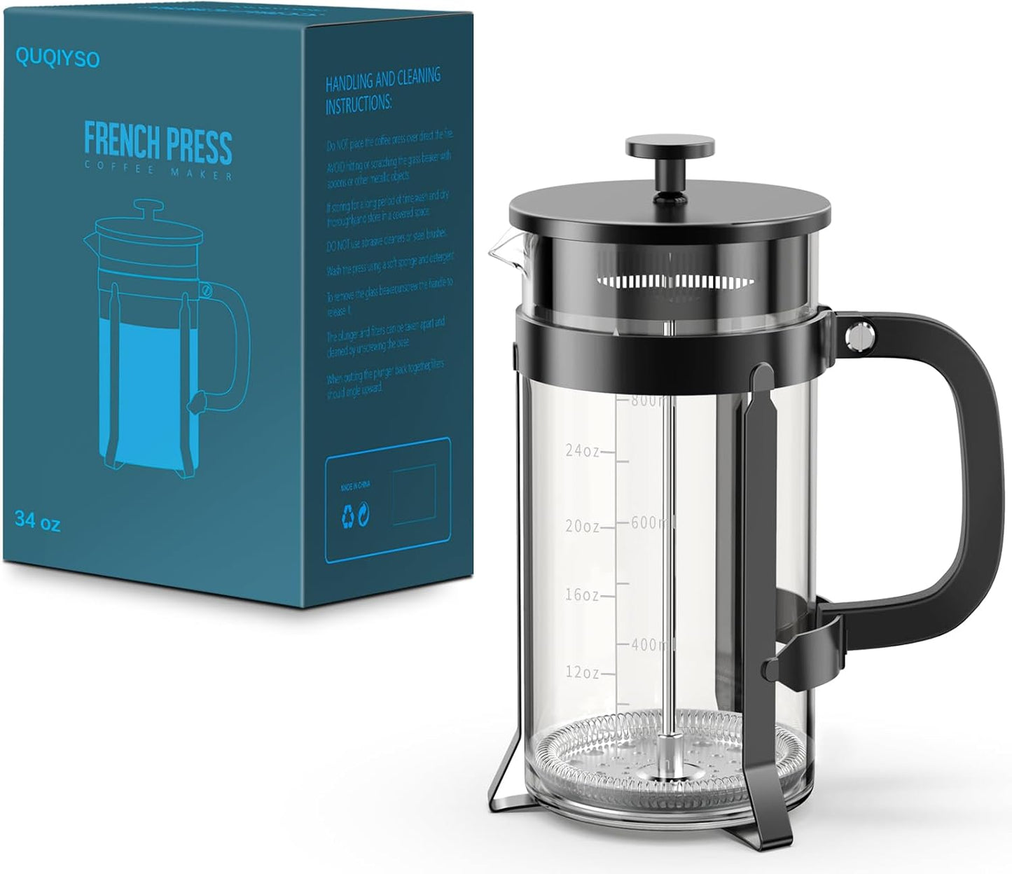 QUQIYSO French Press Coffee Maker 34oz 304 Stainless Steel French Press with 4 Filter, Heat Resistant Durable, Easy to Clean, Borosilicate Glass Coffee Press, 100% BPA Free Glass Teapot, Black