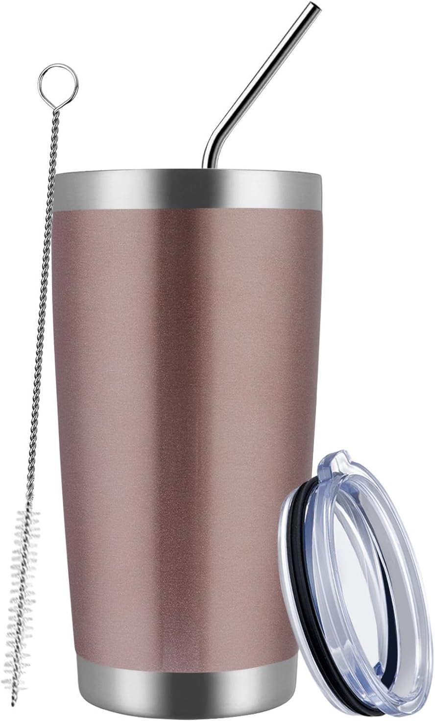 MEWAY 20oz Tumbler Cup Double Wall Vacuum Insulated Travel Mug Bulk, Stainless Steel Tumblers with Lid and Straw, Durable Powder Coated Coffee Cups for Cold & Hot Drinks (Rose Gold, 1)