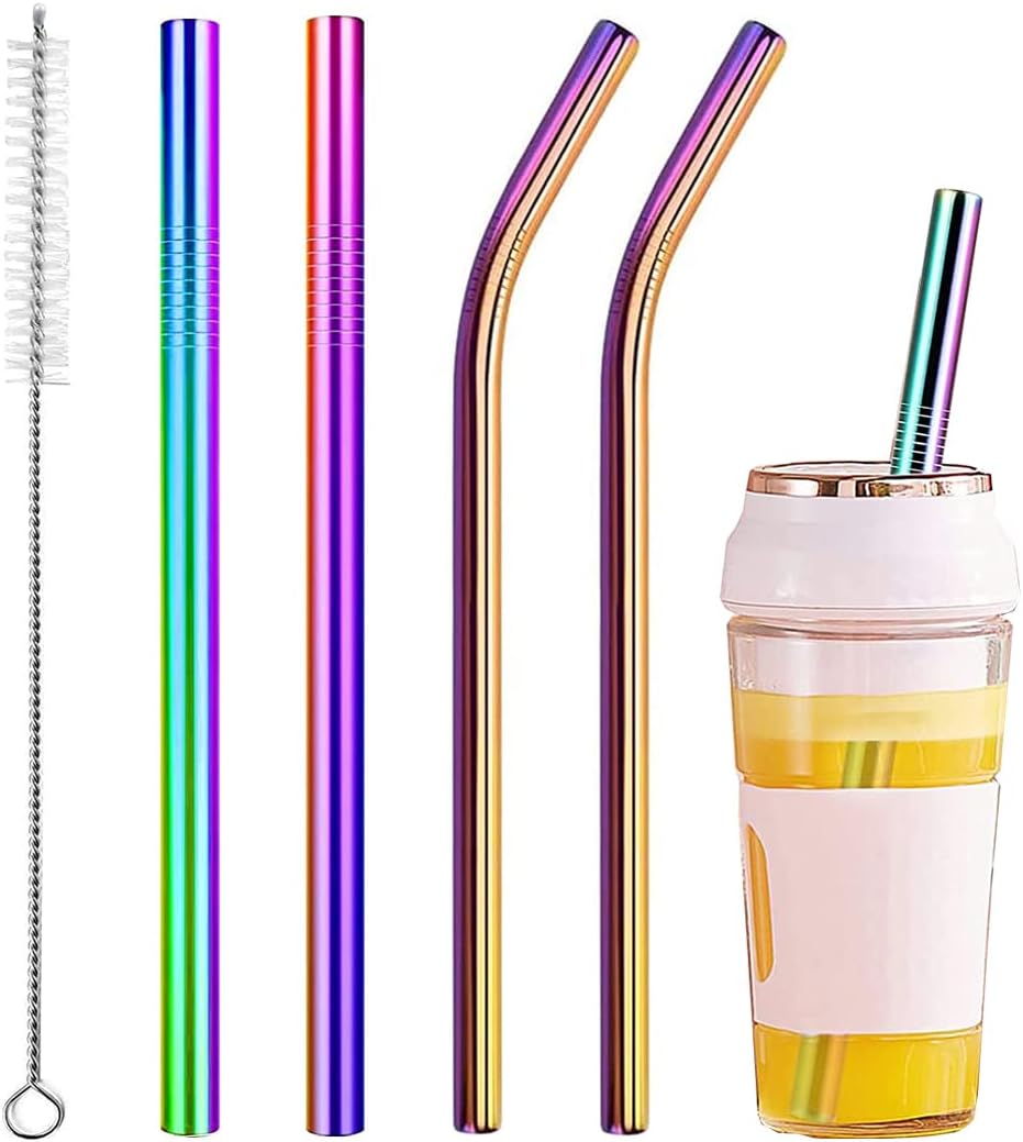 Vinaco Reusable Smoothie Straws, 0.4'' Wide Stainless Steel, 10.5'' & 8.5'' Long, 4 Pack with 1 Cleaner for Milkshake, Smoothie, Bubble Tea