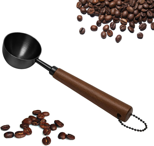 1pcs Coffee Scoop for Ground Coffee, Beans and Tea，Vintage Coffee Measuring Spoon with Long Wooden Handle 30ml/10g Capacity 304 Stainless Steel（Black)