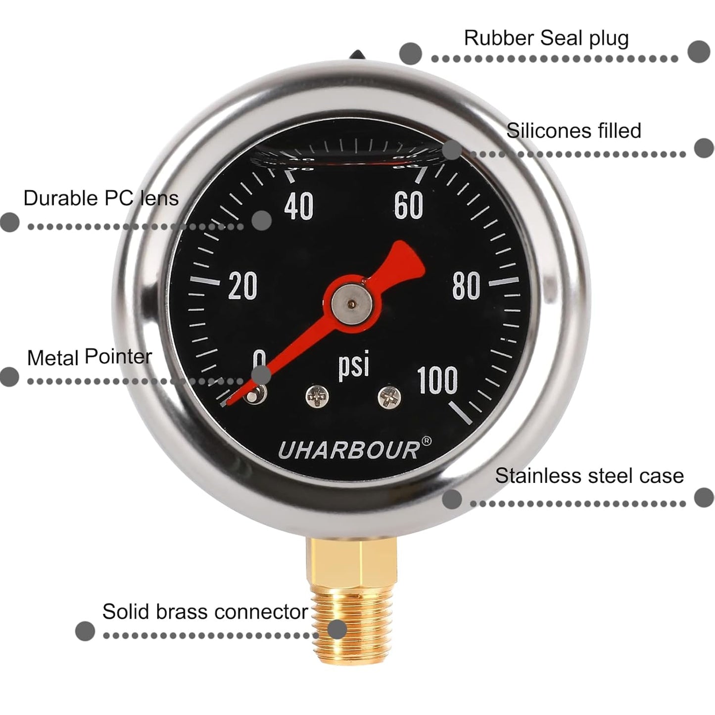 Glycerin Filled Pressure Gauge with 304 Stainless Steel Case, 1-1/2" Black Dial, 0-100Psi, High Accuracy, 1/8" NPT Center Bottom Mount……