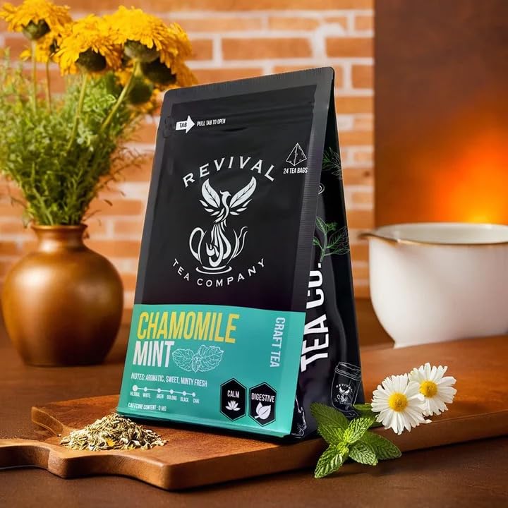 Revival Tea Company Chamomile Mint Tea - Herbal Tea Blend of Chamomile Flowers and Peppermint Leaf - Caffeine Free - 24 Tea Bags