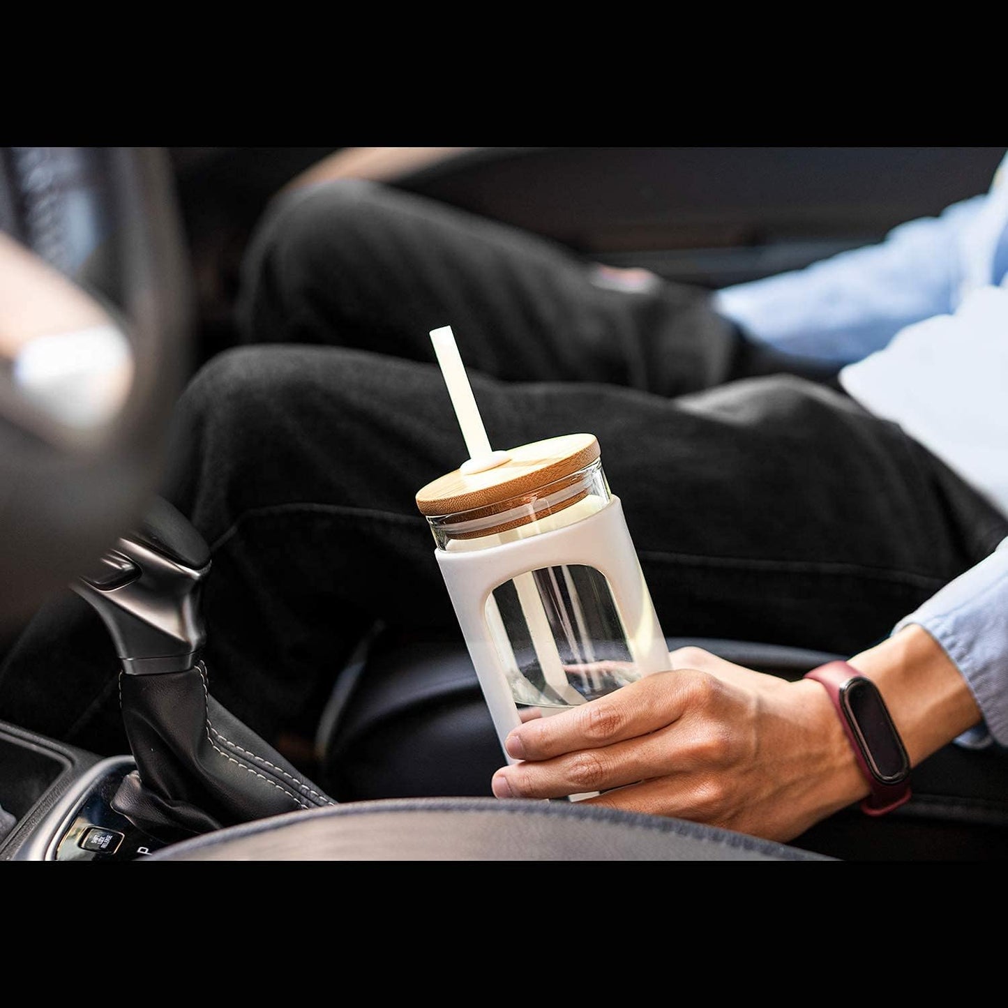 Kodrine 20oz Glass Water Tumbler with Straw and Lid, Bamboo Lids Water Bottle, Iced Coffee Cup Reusable, Wide Mouth Smoothie Cups with Protective Silicone Sleeve BPA FREE-Purple