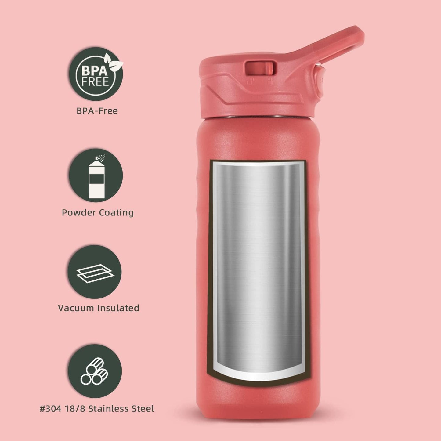 IDEUS Insulated Stainless Steel Water Bottle with 2 Leak-Proof Lids, Thermal Water Flask for Hiking Biking, 18oz, Red