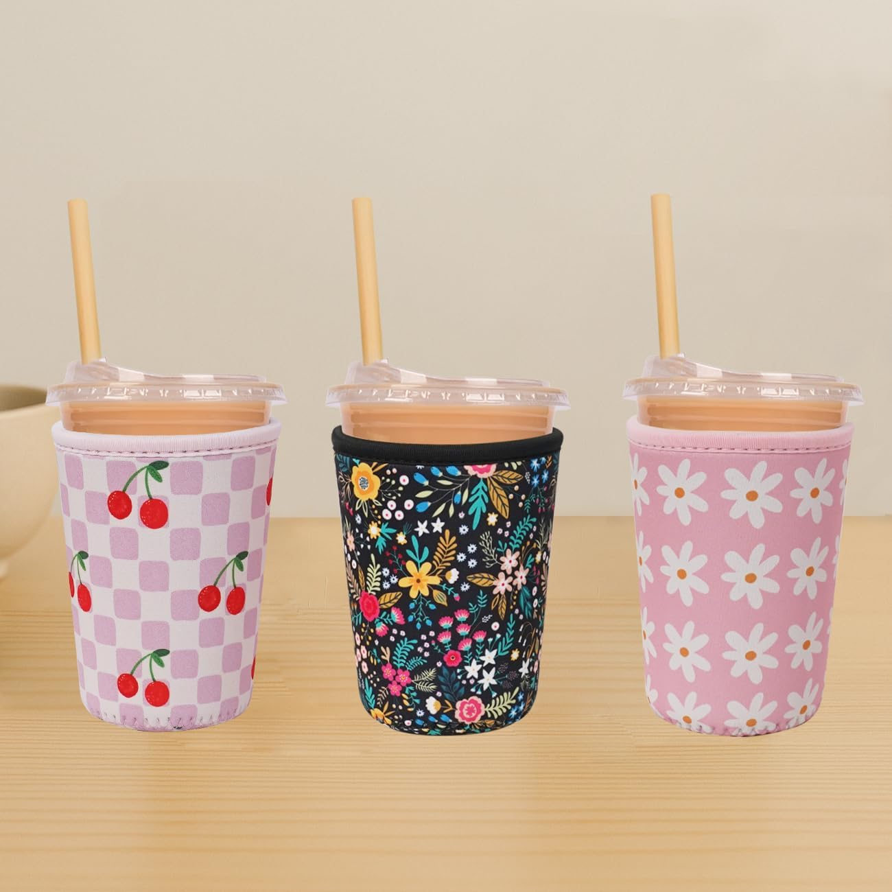 Reusable Insulated Neoprene Iced Coffee Cup Sleeve, Durable Drink Sleeve for Cold Beverages, Beverage Holder for Iced Coffee, Cherry Blush