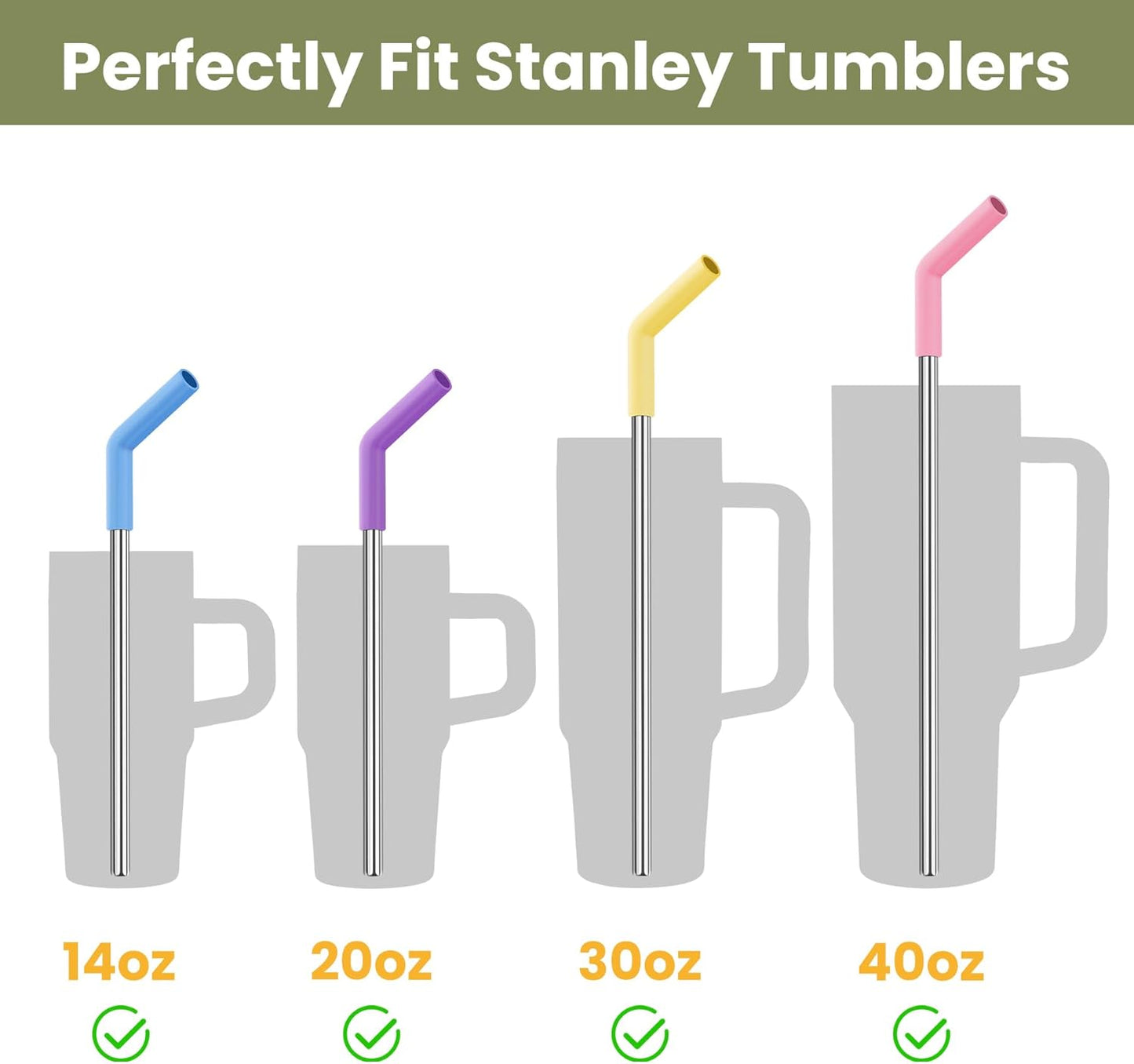 Tomorotec 6-Pack Stainless Steel Drinking Straw with 6 Silicone Tips, 3 Sizes Metal Reusable Straws Fit for Stanley Quencher Tumblers 40oz, 30oz, 20oz, 14oz, with 2 Cleaning Brushes