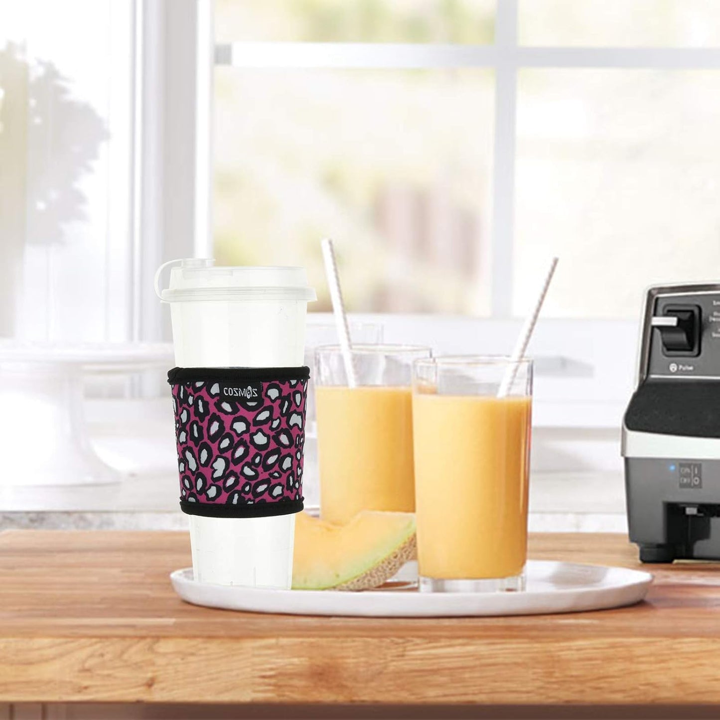 CM Reusable Coffee Mug Sleeve Cover Heat Resistant Neoprene Insulator Sleeve for Coffee Tea Hot Cold Beverage (Leo Print Patterns - Blue, Pink, Kakki - Pack of 3)