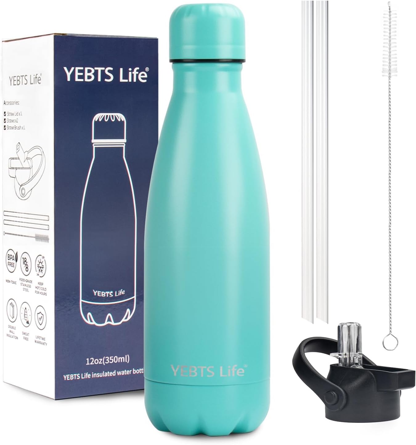 Insulated Water Bottle,12oz Stainless Steel Water Bottles with straw lid, Metal Sports Water Bottles for Boys,Girls, Double Wall Vacuum BPA-Free Flask for School, Sports & Travel-Turquoise