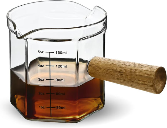 Glass Measuring Cup, 5oz Clear Espresso Shot Glass with Wood Handle, Double Spouts Measuring Triple Pitcher Milk Cup for Coffee Tea (Transparent)