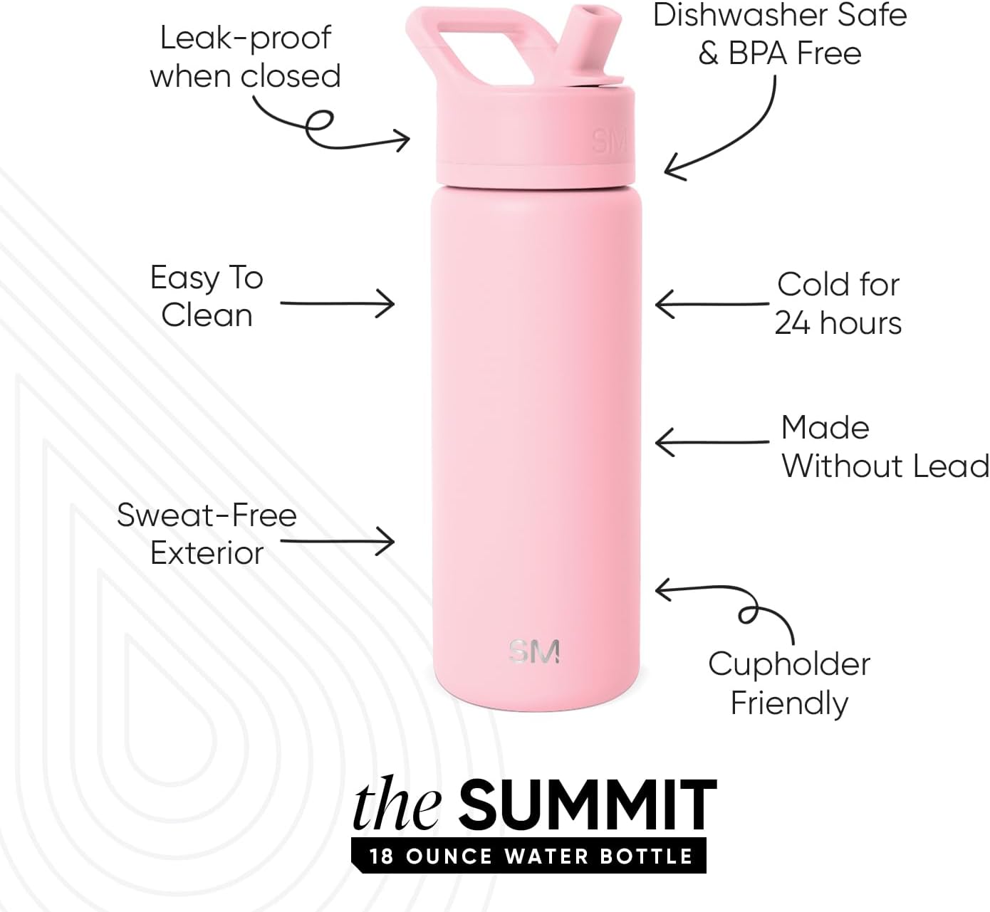 Simple Modern Water Bottle with Straw Lid Vacuum Insulated Stainless Steel Metal Thermos Bottles | Reusable Leak Proof BPA-Free Flask for School | Summit Collection | 18oz, Blush