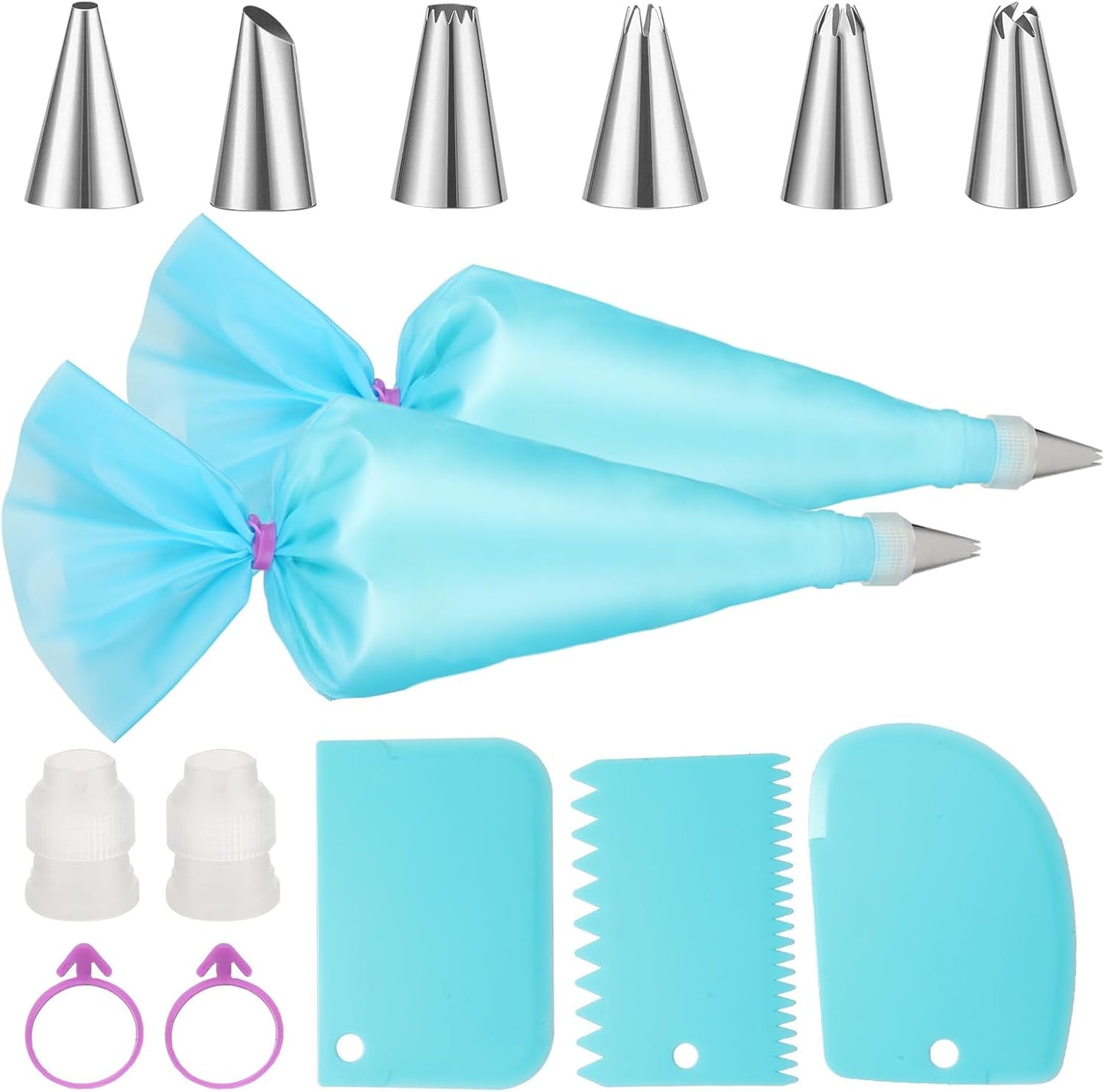 Piping Bags and Tips Set, Reusable Cake Decorating Kit with 6 Icing Tips, 2 Reusable Pastry Bags, 2 Converters, 2 Bag Ties, 3 Scrapers, Beginner-Friendly Baking Supplies for Cupcakes, Cookies