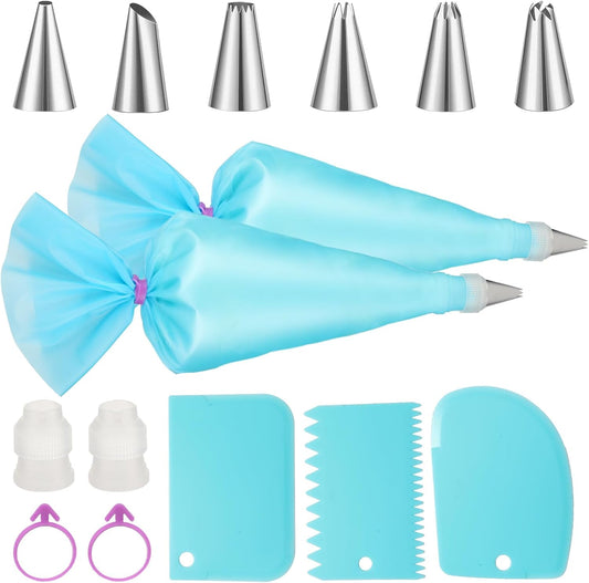 Piping Bags and Tips Set, Reusable Cake Decorating Kit with 6 Icing Tips, 2 Reusable Pastry Bags, 2 Converters, 2 Bag Ties, 3 Scrapers, Beginner-Friendly Baking Supplies for Cupcakes, Cookies