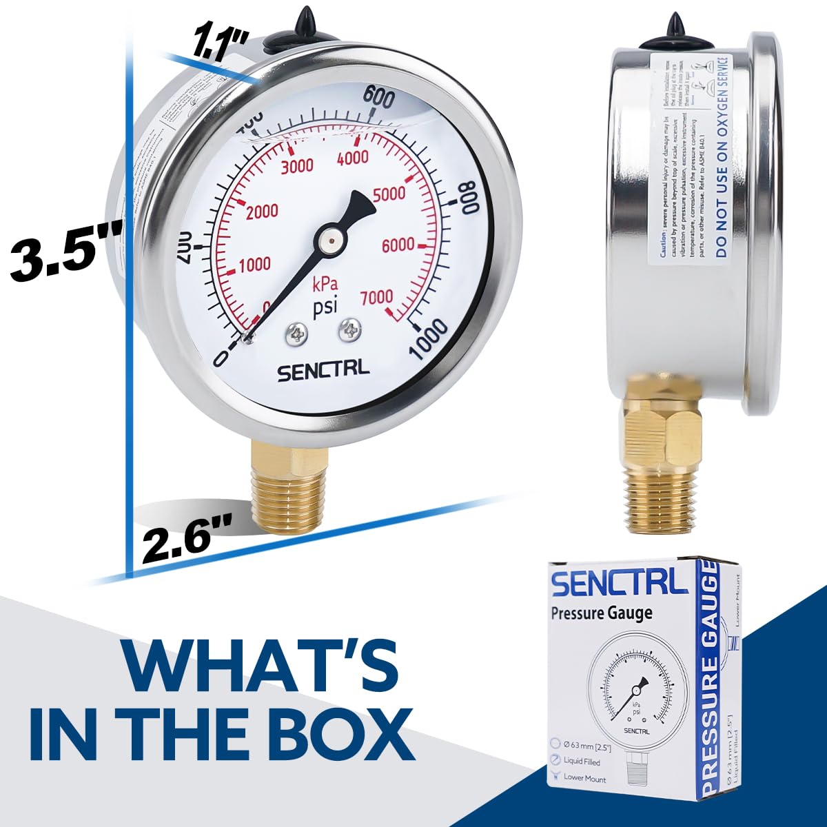 SENCTRL 0-1000 Psi Glycerin Liquid Filled Pressure Gauge, 2.5" Dial Size, 1/4" NPT Lower Mount, Stainless Steel Case, for Air Gas Water Oil Hydraulic Pressure Test