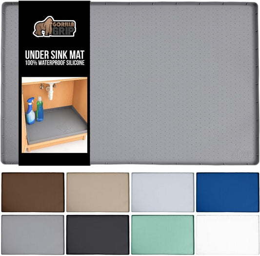 GORILLA GRIP Waterproof Silicone Under Sink Mat with Raised Lip for Kitchen and Bathroom, 46 x 22 in, Cabinet Shelf Liner Stay in Place Mats Dishwasher Safe Drawer Liner, Organizer Tray, Gray