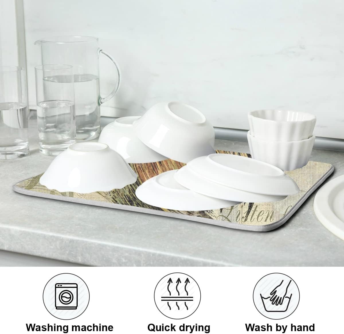 Farmhouse Rooster Dish Drying Mat 16 x 18 Inch with Hanging Loop High Absorbent Reversible Microfiber Dish Drying Pad Dish Rack Pad Drainer Mat for Kitchen Counter Coffee Bar