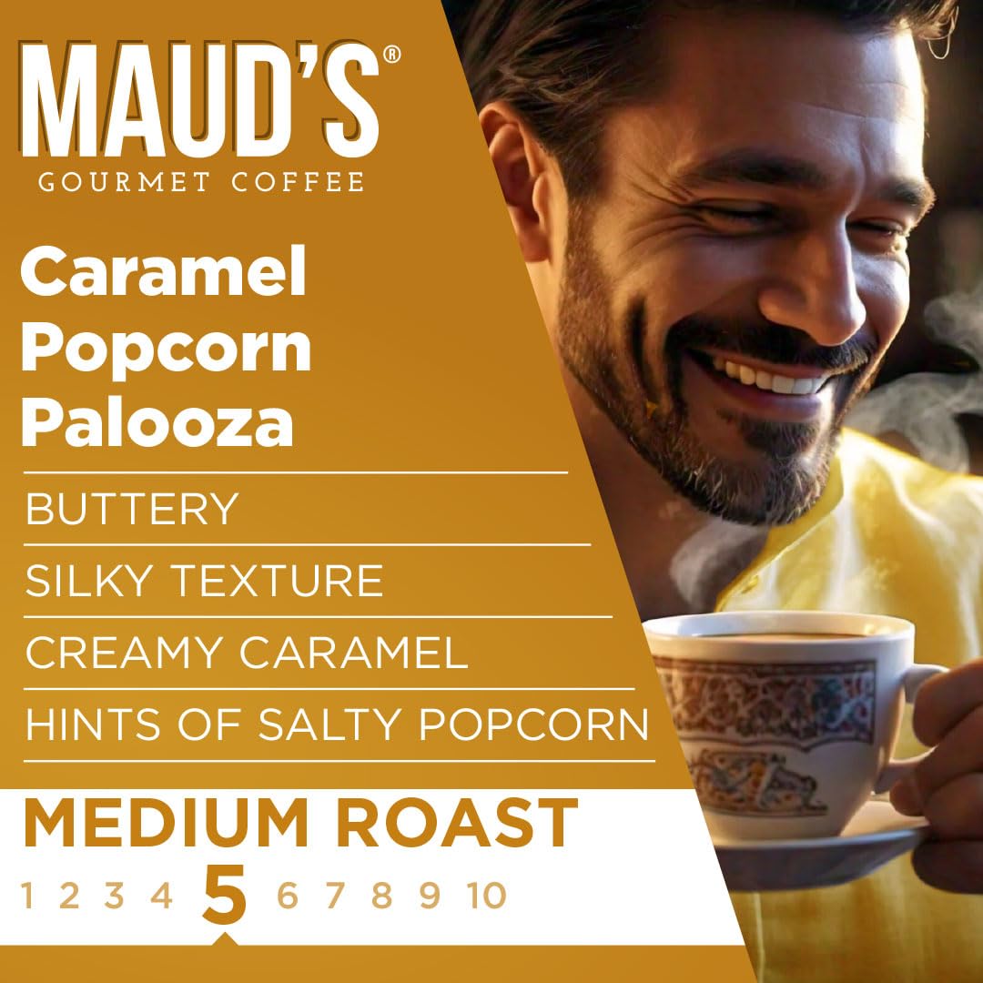 Maud's Caramel Popcorn Flavored Coffee Pods, 18 ct, Medium Roast Flavored Coffee in Recyclable Single Serve Pods – 100% Arabica Beans, Compatible with Keurig K Cups Maker