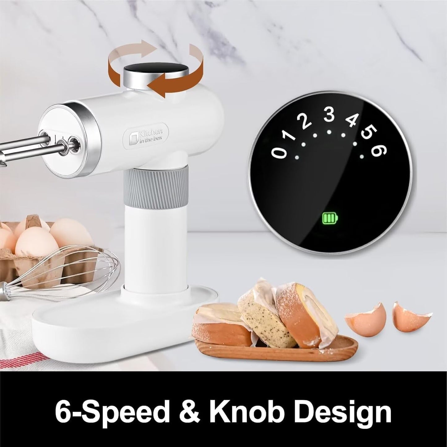 Kitchen in the box Cordless Rechargeable Hand Mixer for Kitchen, Portable Handheld Electric Mixer with Beaters, Whisks, 6-Speed Digital Display, Charging Base and USB-C Charge Cable (Pearl White)