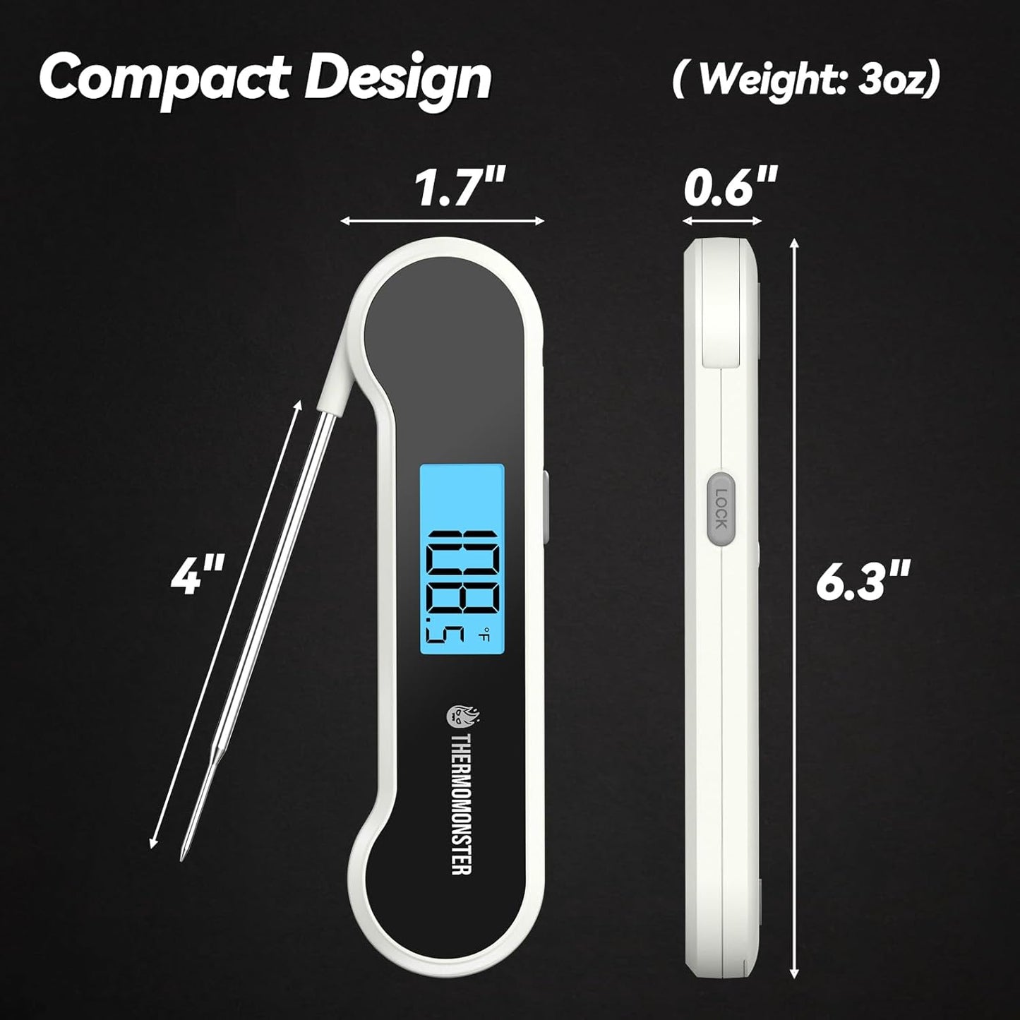 0.5 Sec Instant Read Meat Thermometer Digital with ±0.5℉ Precision, 100% Waterproof Auto Flip Bright LCD Screen, Motion Sensing Food Thermometer for Cooking Kitchen Oven Grill Candy BBQ, White