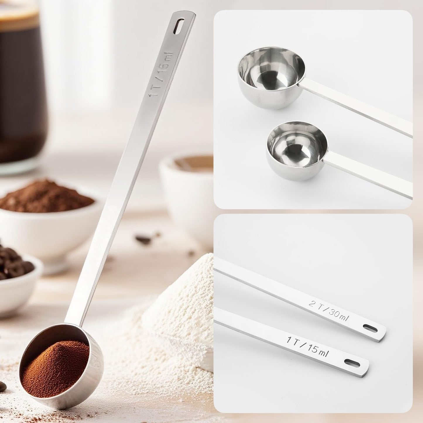 2Pcs Coffee Scoop Spoon - 1 Tbsp (15ml) & 2 Tbsp (30ml) Measuring Tablespoon - Stainless Steel Coffee Measuring Spoon - Long Handle Measuring Spoons for Ground Coffee, Loose Tea and Powder
