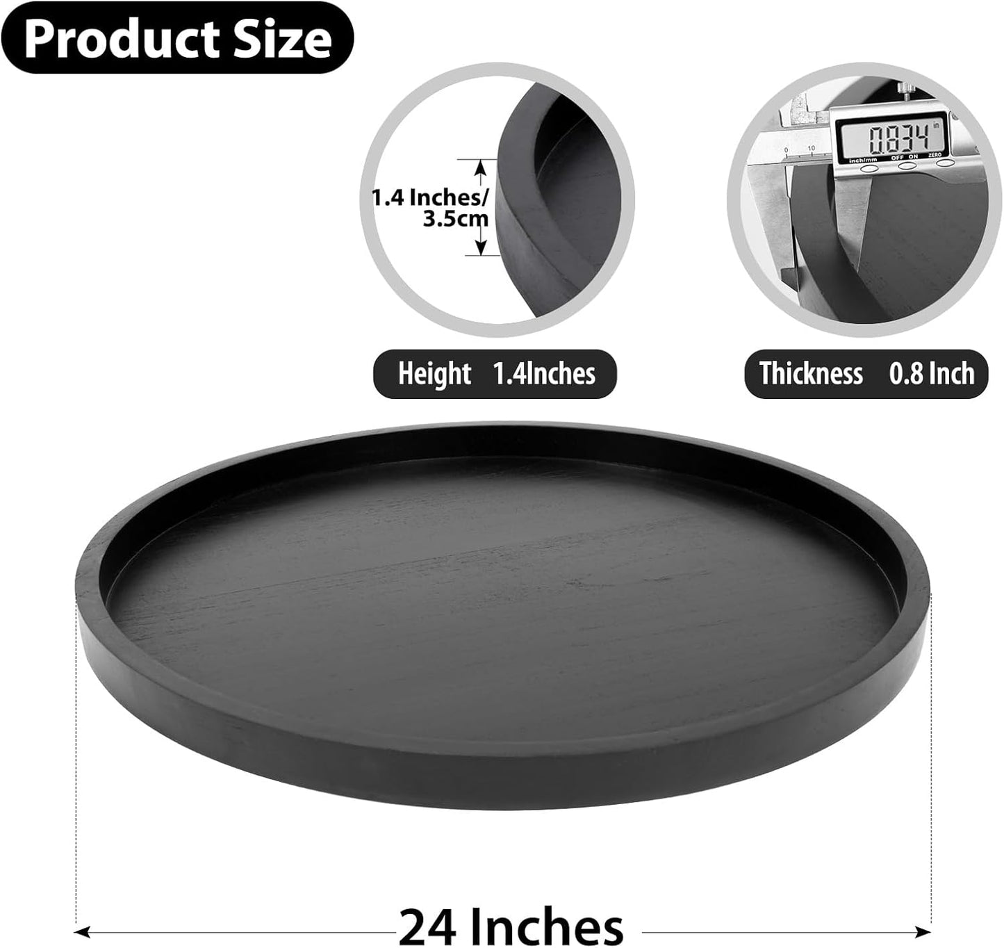 Round Ottoman Tray for Coffee Table Living Room Wood Serving Tray Large Wooden 24 Inches Black