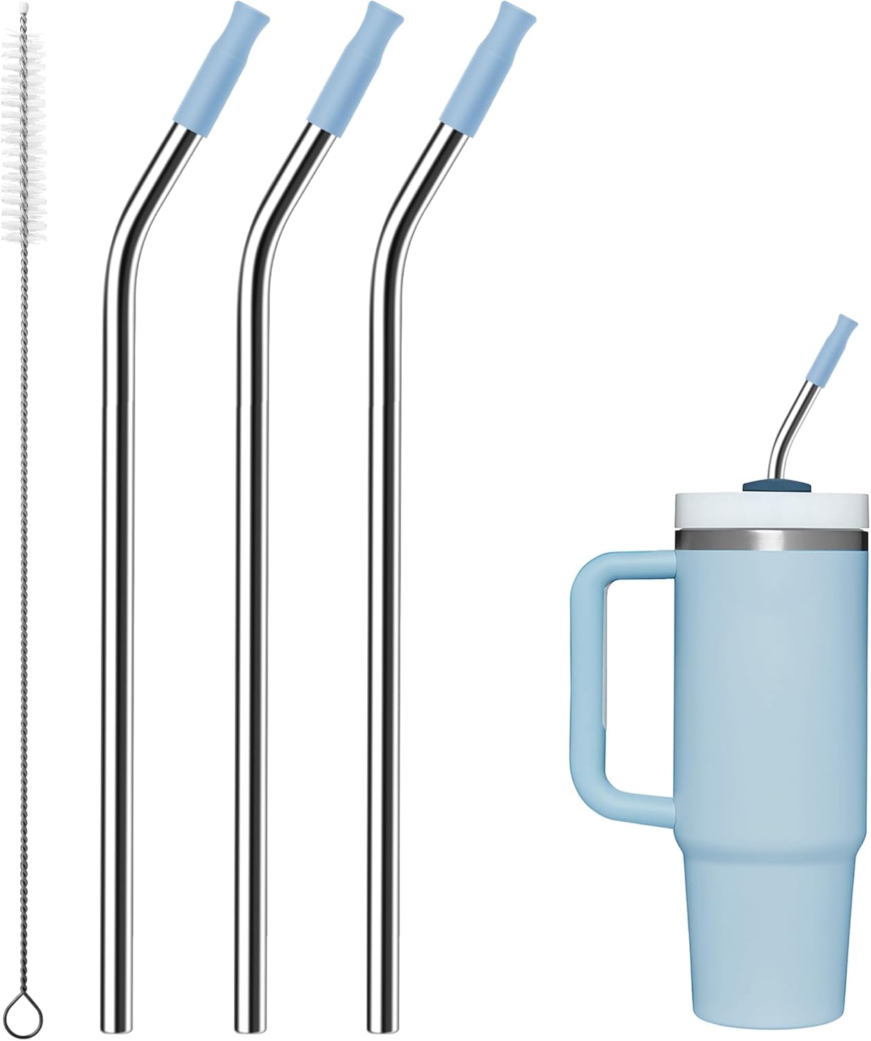 Reusable Stainless Steel Straws with Silicone Tip for Stanley 30oz, Metal Drinking Straws for 30oz Tumbler,3 Bent Tubes & 6 Tips& 1 Cleanr Brush (Chambray)
