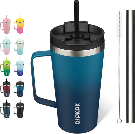 BJPKPK Insulated Tumbler with Handle, 18oz Insulated Tumblers with Lid and Straw, Stainless Steel Metal Water Bottles, Coffee Travel Mugs, Cups, Sea