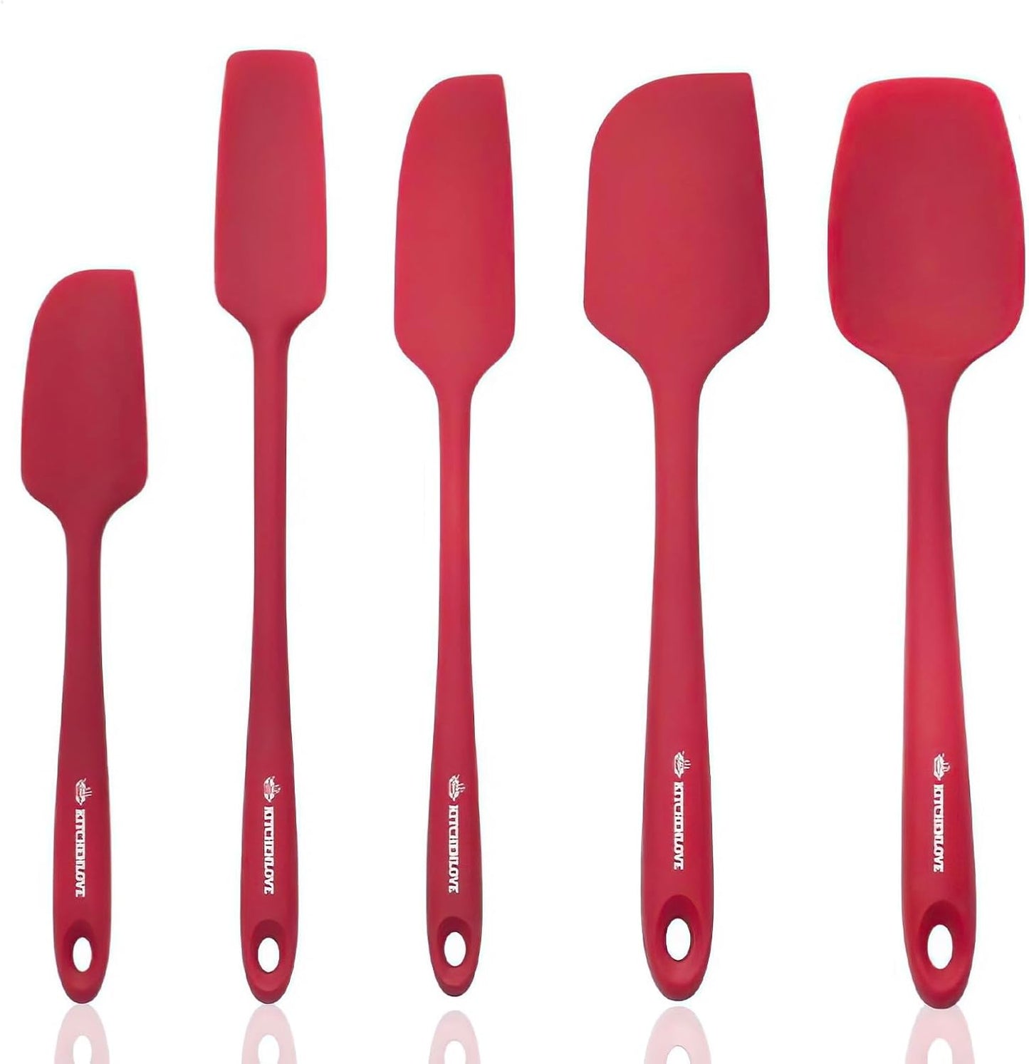 KITCHENLOVE Premium 600°F Heat Resistant 5 Piece Silicone Spatula Set for Baking, Cooking, Mixing - Non-Stick with High Grade S-Iron Steel Core - One Piece Seamless Design - BPA Free (Red)