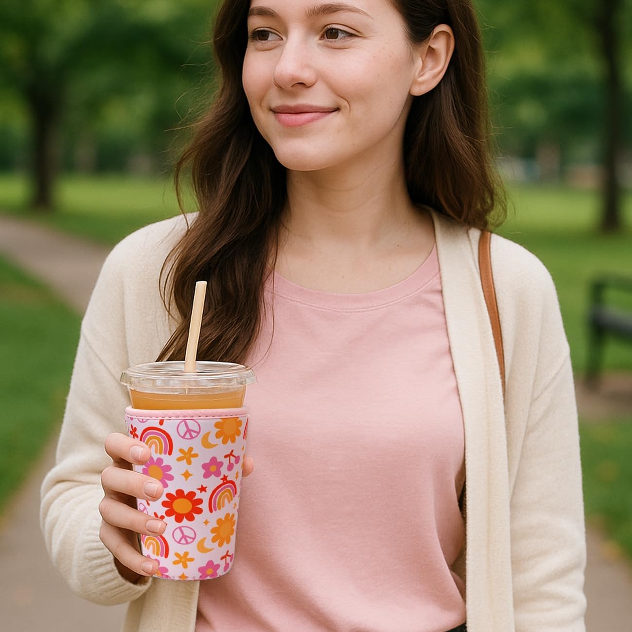 Reusable Insulated Neoprene Iced Coffee Cup Sleeve, Durable Drink Sleeve for Cold Beverages, Beverage Holder for Iced Coffee, Groovy Flower
