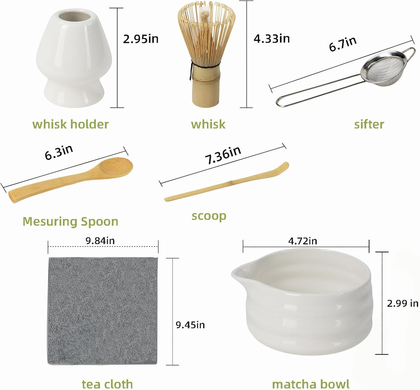 Matcha Whisk Set, 7 Pcs Matcha Kit, Premium Ceramic Matcha Set, Whisk and Bowl, Sifter, Cup Holder, Bamboo Scoop, Tea Plucking, Tea Towel, Matcha Lovers (White)