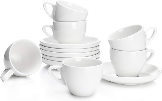 Sweese 4oz Porcelain Espresso Cups with Saucers, Set of 6 - Ideal for Espresso, Cappuccino, Latte, Tea - White
