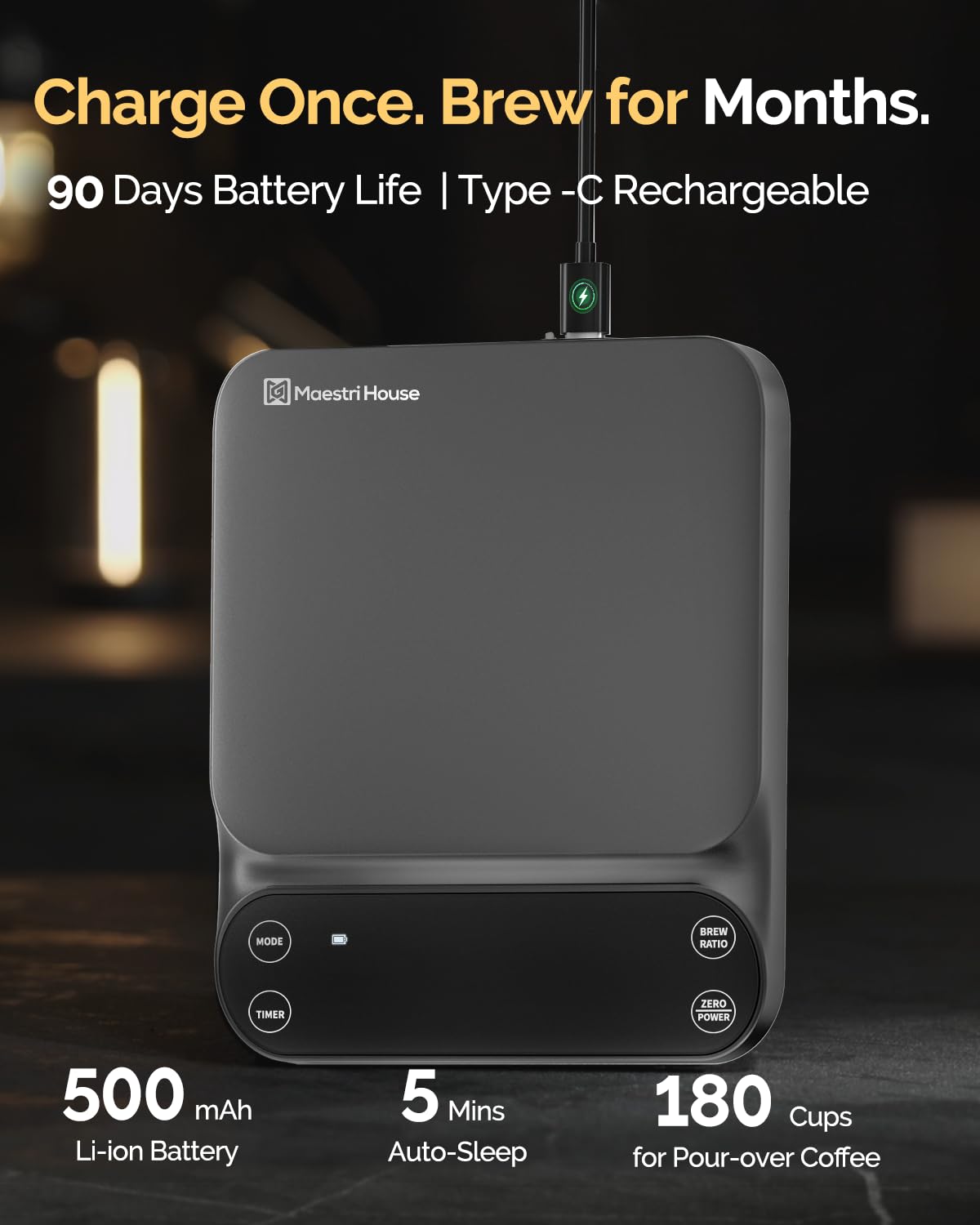 Maestri House S3 Coffee Scale with Timer, 3kg/0.1g Rechargeable Digital Scale, 3 Brew Modes, Adjustable Ratios & Flow Rate Display, Barista-Grade for Pour-Over, Espresso, French Press – Grey