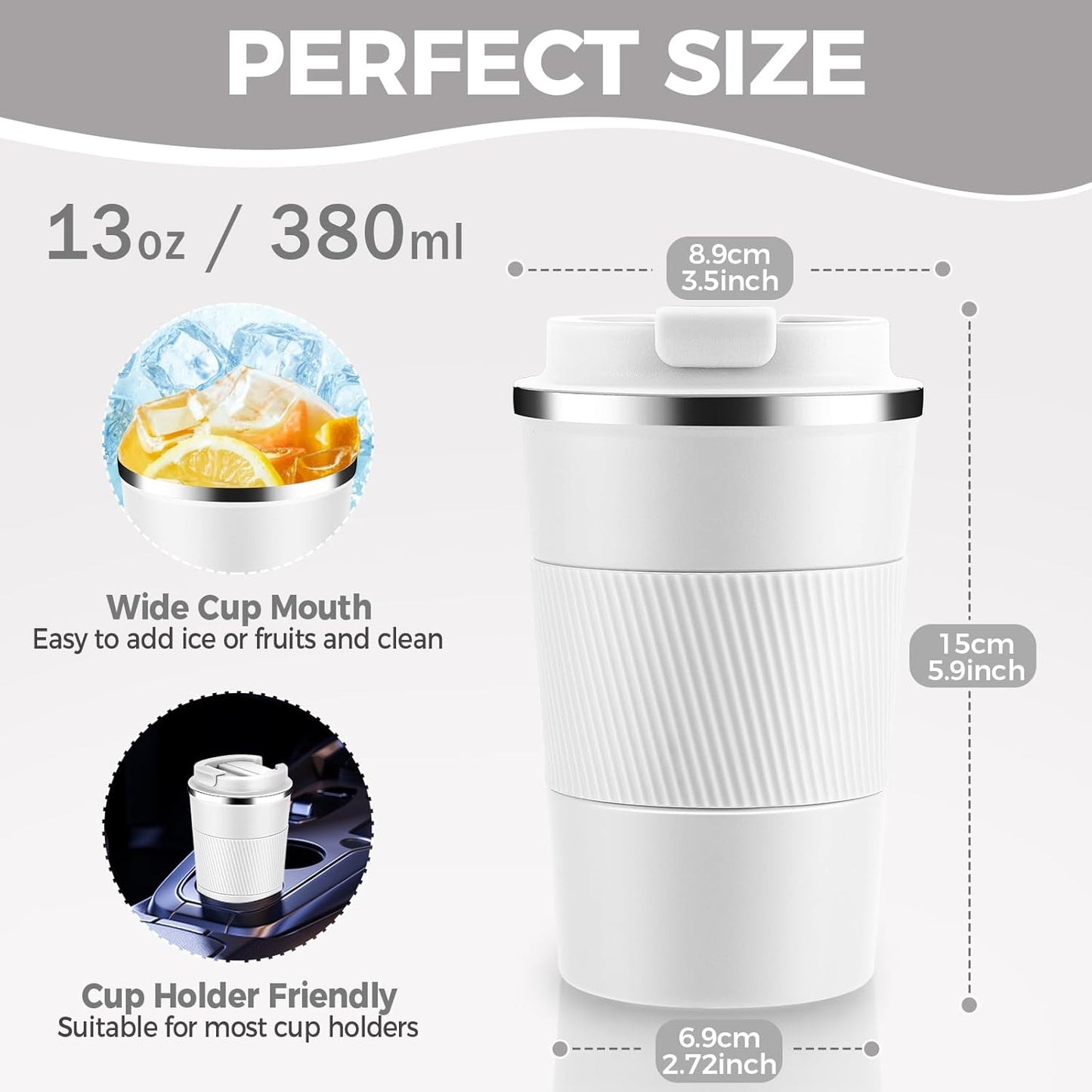 Volhoply 13 oz Stainless Steel Insulated Travel Coffee Mug with Fip Lid,Reusable Double Wall Vacuum Metal Coffee Cup,Portable to Go Leak Proof Cafe Thermal Tumbler for Hot & Cold Drinks(White,1)