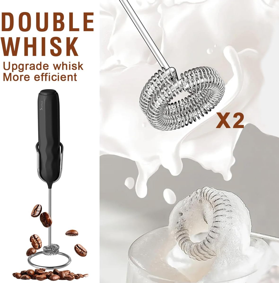 SUPRUS Ultra Fast Handheld Milk Frother Double Whisk with Stand 2 Batteries Stainless Steel for Lattes Cappuccino Matcha Hot Chocolate Coffee Bar Accessories Kitchen Gadgets Gift
