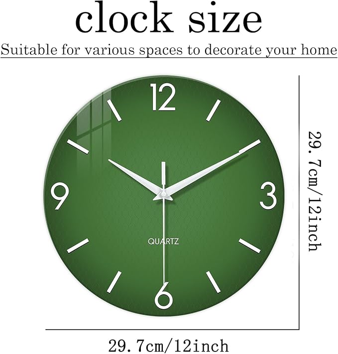 XFM Green Wall Clock 12 Inch Modern Wall Clocks Battery Operated Round Silent - Image 6