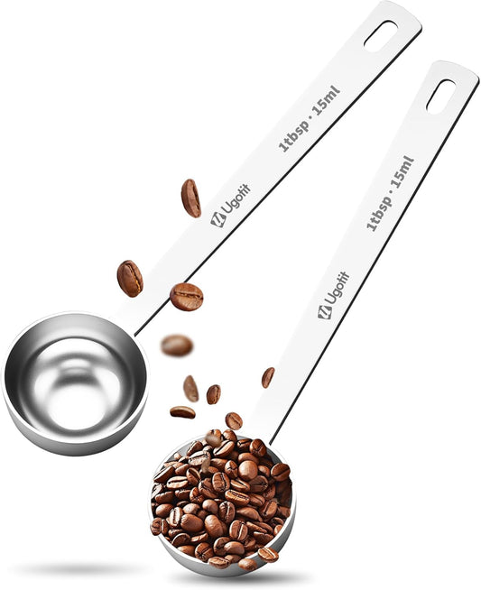 Coffee Scoop 1 Tablespoon, Long Handle Measuring Spoons Set for Coffee, Tea, Flour, Spices - 304 Stainless Steel with Hanging Hole (Pack of 2)