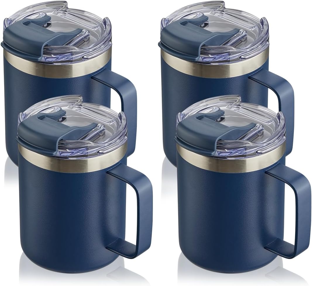 ALOUFEA 12oz Stainless Steel Insulated Coffee Mug with Handle, Double Wall Vacuum Tumbler Cup with Fliping Lid, Navy, 4 Pack