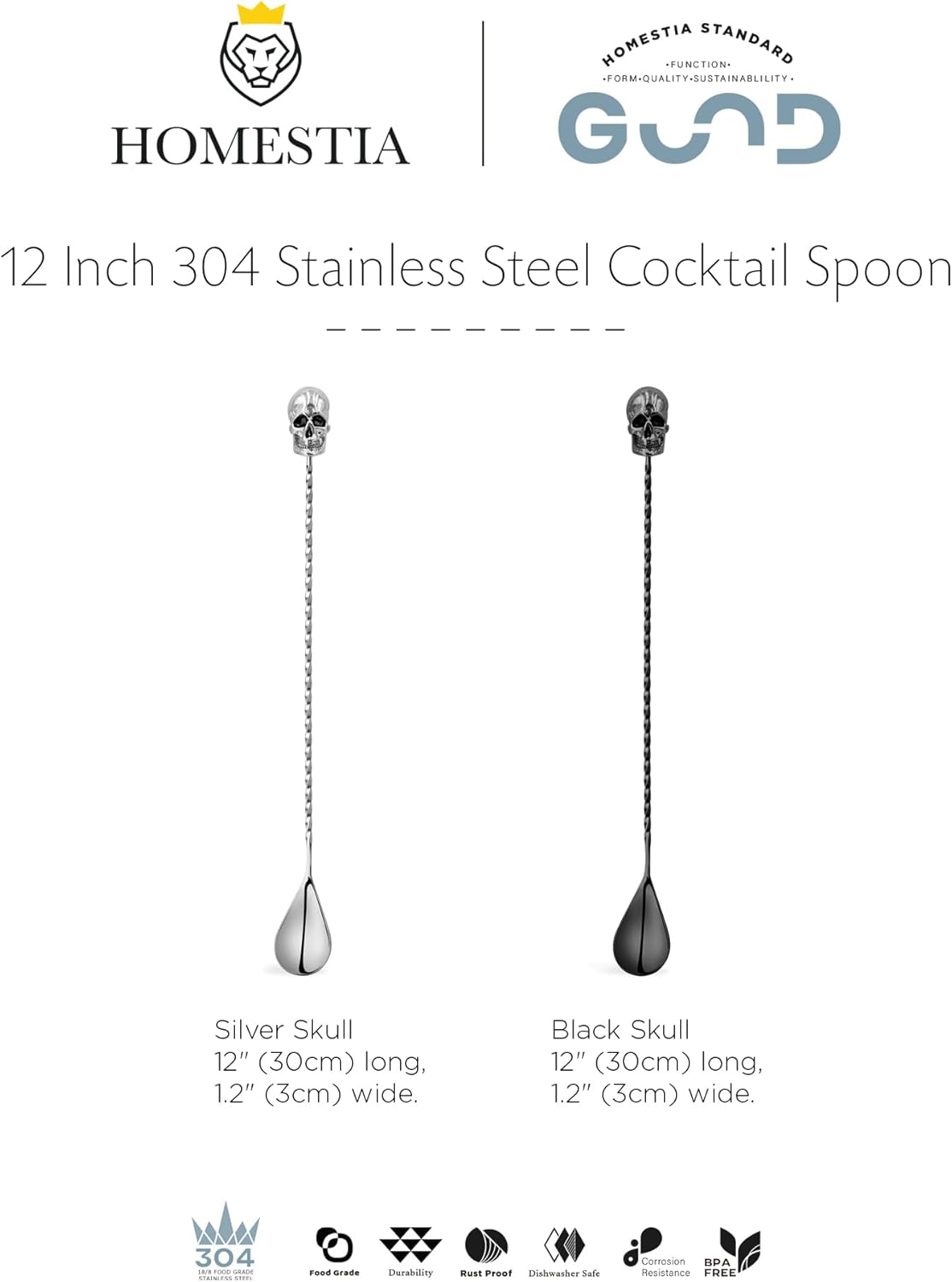 Homestia 2Pcs Bar Spoon, 12 Inch Stainless Steel Cocktail Mixing Spoon, Long Handle Spiral Design with Weighted Skull End Mixing Spoon Stirrers for Drink Cocktail Stirres Halloween Party Bar