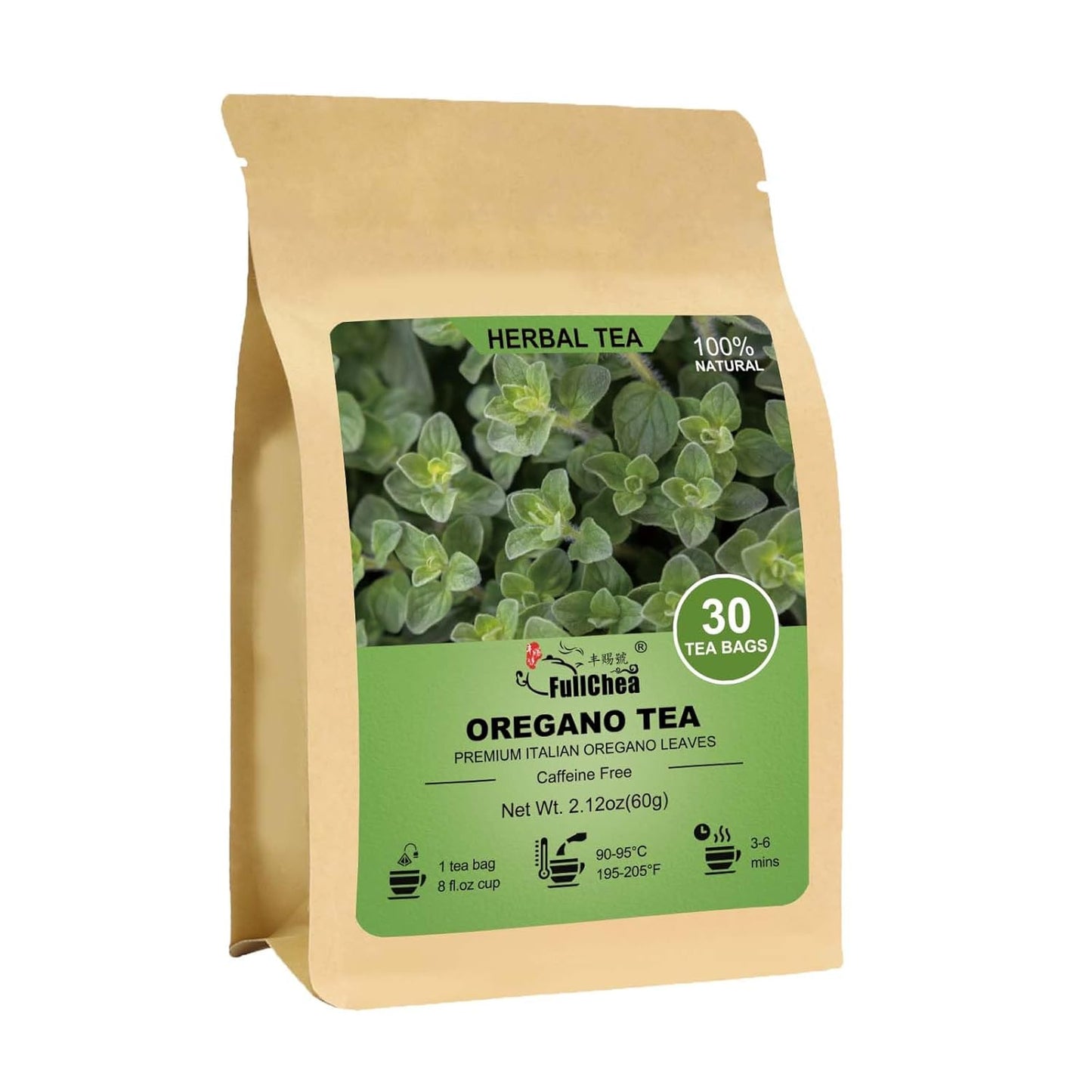 FullChea - Oregano Tea Bags, 30 Teabags, 2g/Bag - Premium Oregano Leaves - Non-GMO - Caffeine-Free - Support Digestion & Boost Immunity